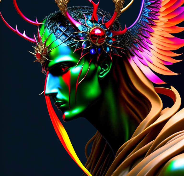 Colorful Fantastical Being with Elaborate Crown and Wings on Dark Background