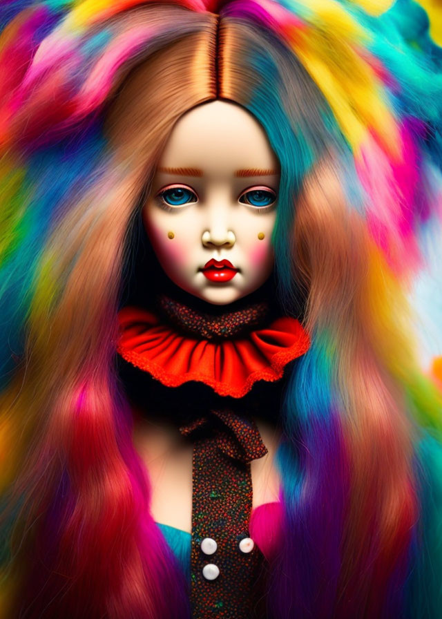 Rainbow-haired doll with blue eyes in red and green outfit