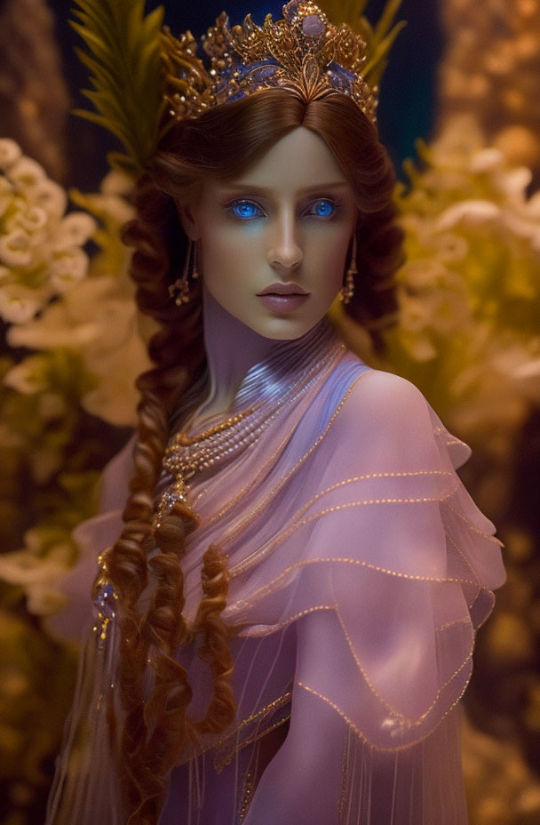 Regal figure with blue eyes, golden crown, and braided hairstyle
