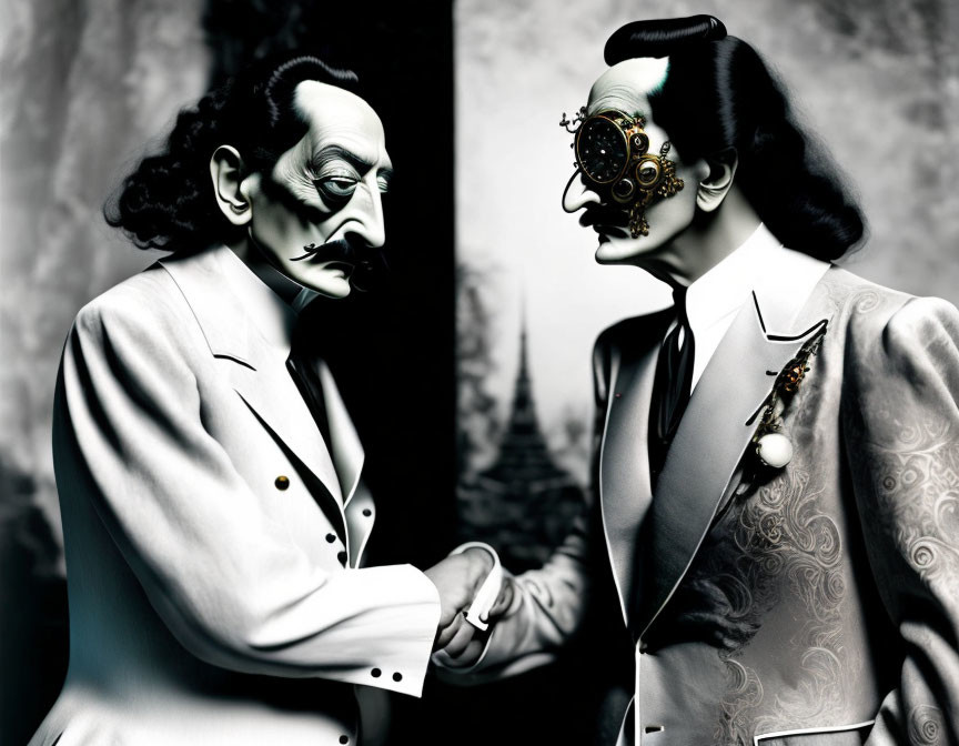 Surrealist figures with human and mechanical faces shaking hands