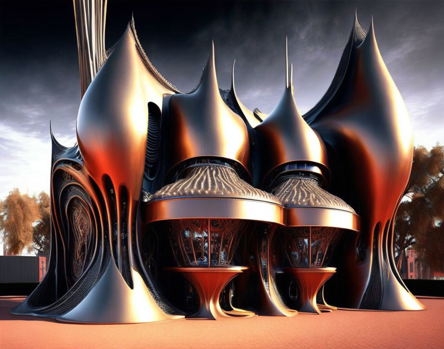 Abstract futuristic architecture: fluid metallic shapes against reddish sky