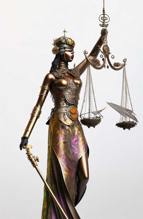 Stylized representation of ornate Lady Justice with balanced scales and sword