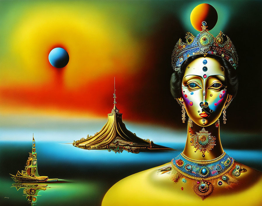 Colorful surrealist artwork: woman with jewels, ships, floating building in sunset.