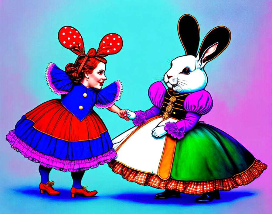Colorful Dress Girl and Elegant Rabbit Illustration