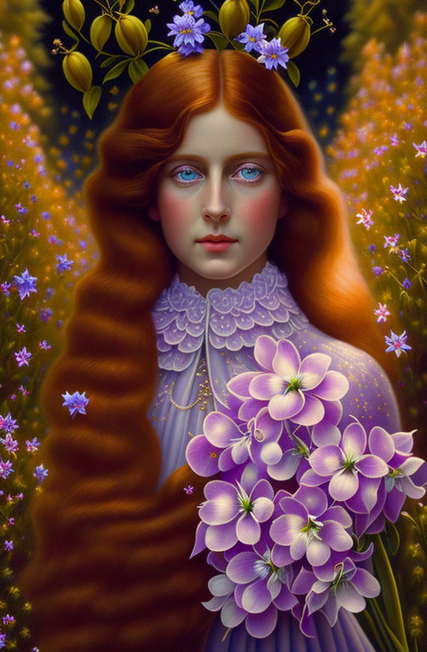 Vibrant digital portrait of a woman with red hair and blue eyes surrounded by purple flowers and green
