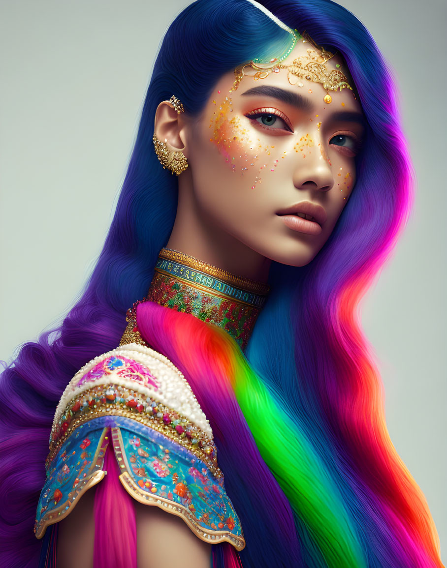 Colorful portrait of a woman with vibrant hair and gold jewelry.
