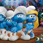 Four blue animated characters with white hats and tails in a forest setting, one holding a broom