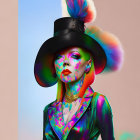 Multicolored hair, vibrant makeup, top hat, futuristic outfit with green details