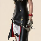 Steampunk-inspired digital artwork of female figure with red hair and mechanical arm accessories
