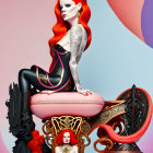 Stylized vibrant female figures with elaborate hairstyles and makeup on whimsical chair