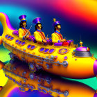 Whimsical uniformed figures on ornate submarine in surreal landscape