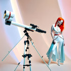 Futuristic female figure with red hair and telescope in white and blue outfit