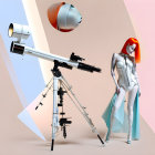 Red-haired female in futuristic attire next to telescope on pastel backdrop