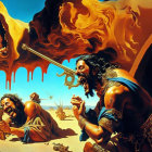 Surreal illustration of warriors with gun-barrels for beards in fiery backdrop.