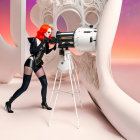 Red-haired person wearing a mask gazes through telescope in surreal room with bone-like structures and colorful neb