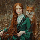 Red-haired woman in Victorian dress with mechanical elements holding orange fox