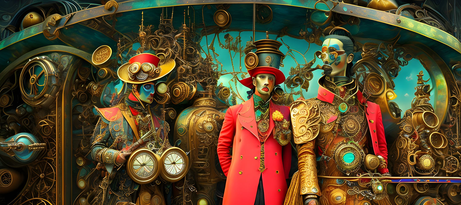 Steampunk-style characters in vibrant outfits amidst intricate clockwork