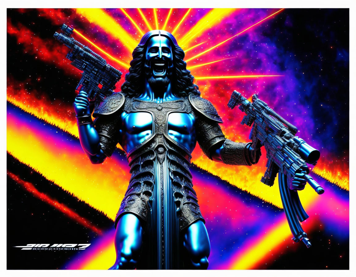 Colorful digital artwork of character with guns and long hair in cosmic setting