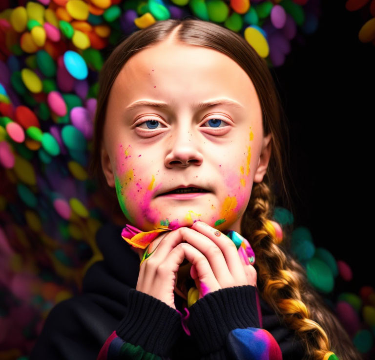 Young girl with braided hair and paint splatters, posing against bokeh background