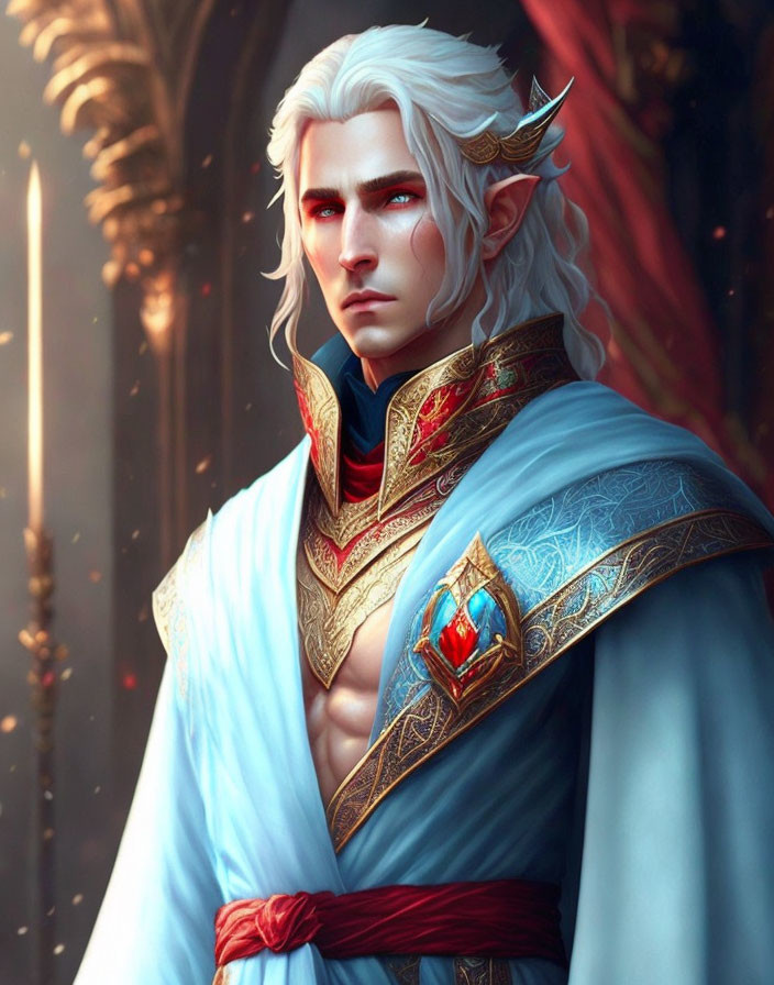 Regal elf with white hair in ornate blue and red robes