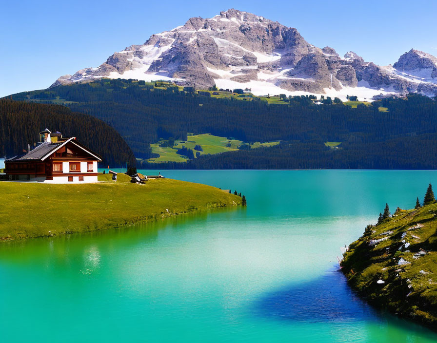 Tranquil Landscape with Turquoise Lake and Snowy Mountains