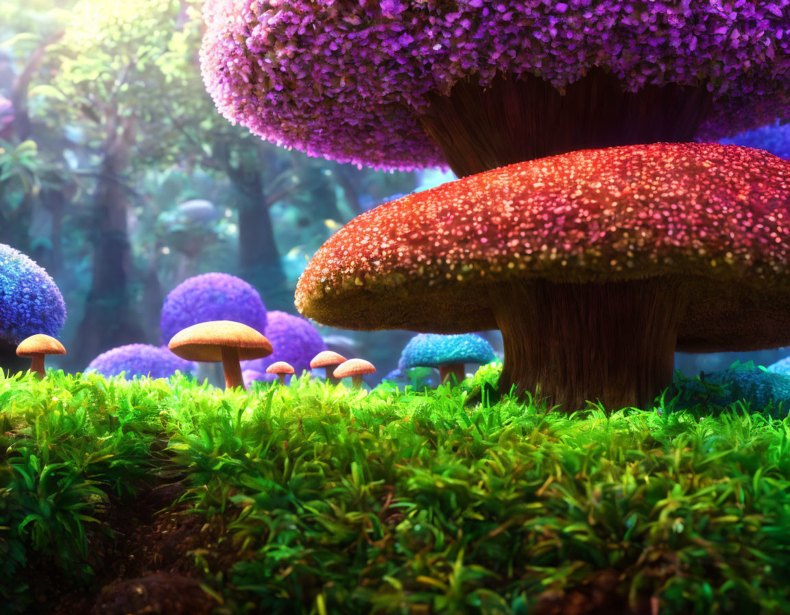 Enchanted forest scene with vibrant oversized mushrooms and soft mystical light