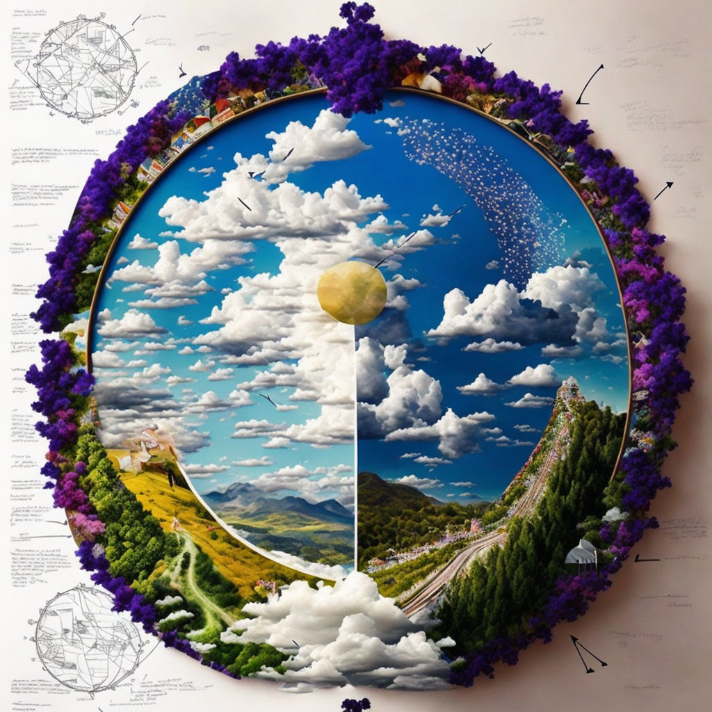 Circular Artwork with Clouds, Landscapes, Flowers, and Glowing Sphere