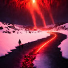 Person walking in snowy landscape under fiery red sky reflected in stream