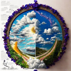 Circular Artwork with Clouds, Landscapes, Flowers, and Glowing Sphere