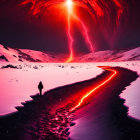 Person near molten lava flow in snow-covered landscape under red sky