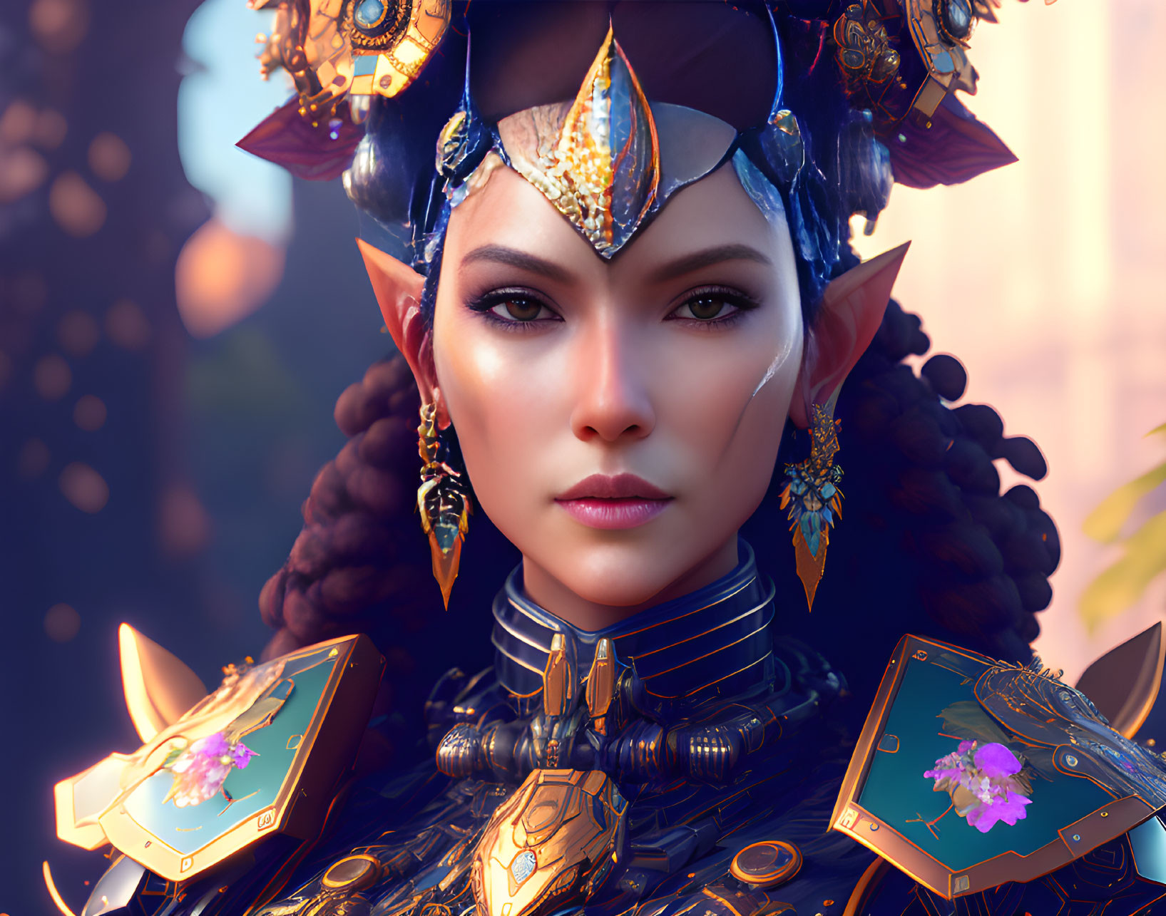 Female elf digital portrait in ornate armor and headdress with gold and jewels on soft-focused background
