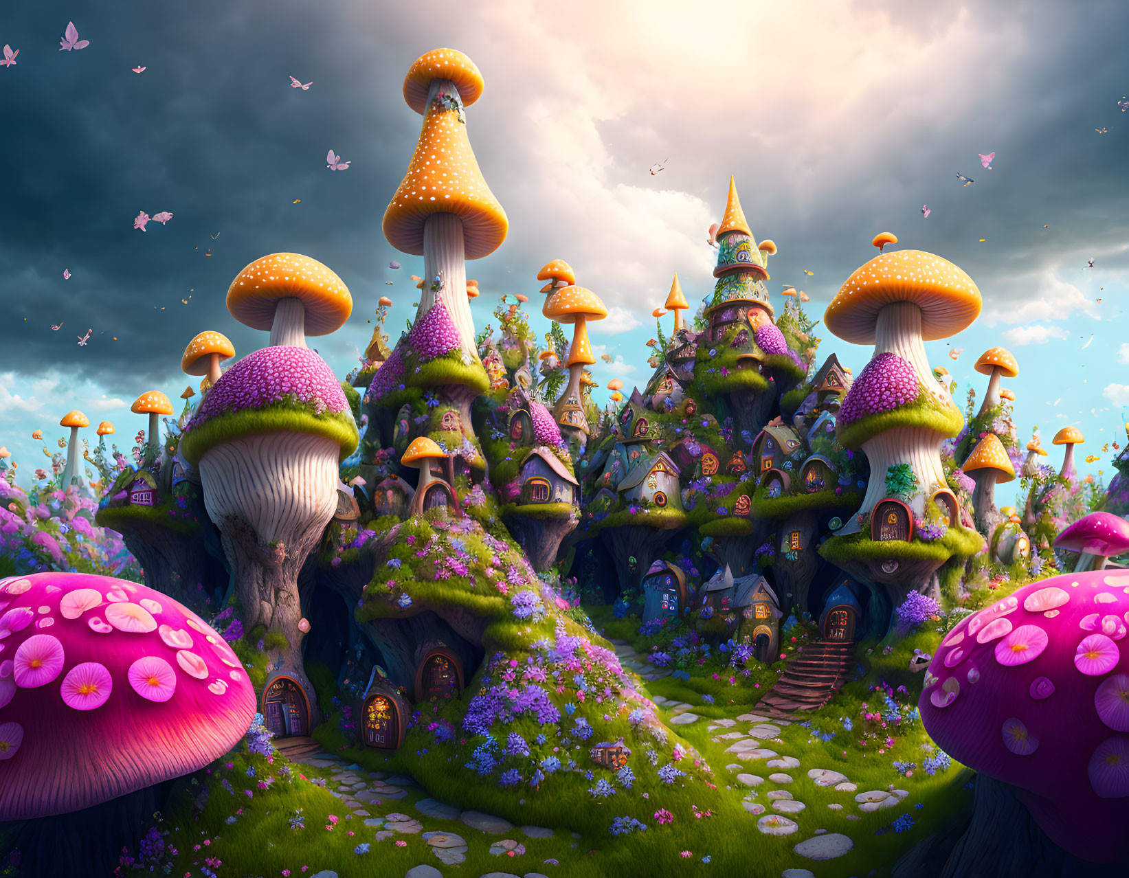 Fantasy landscape with mushroom houses, cobblestone path, lush greenery, and butterflies