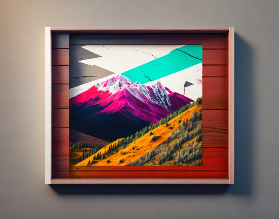 Colorful Geometric Mountain Landscape Artwork in Frame