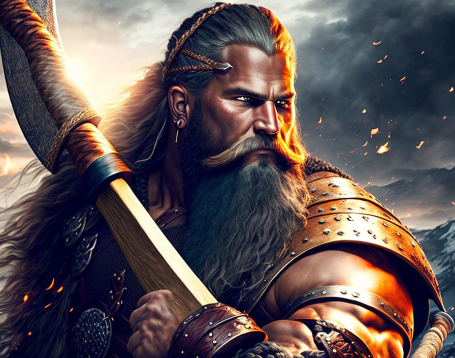 Digital artwork: Fierce warrior with long beard, braided hair, war paint, wielding axe,