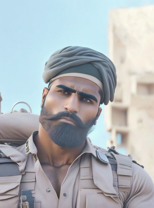 Male character 3D render with turban, beard, and tactical gear on cityscape background