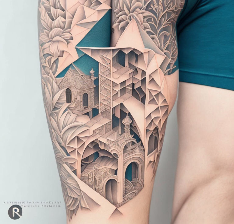 Three-dimensional geometric shapes and architectural elements tattoo with leaf background