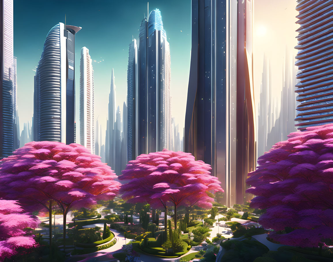 Futuristic cityscape with skyscrapers, green parks, pink trees