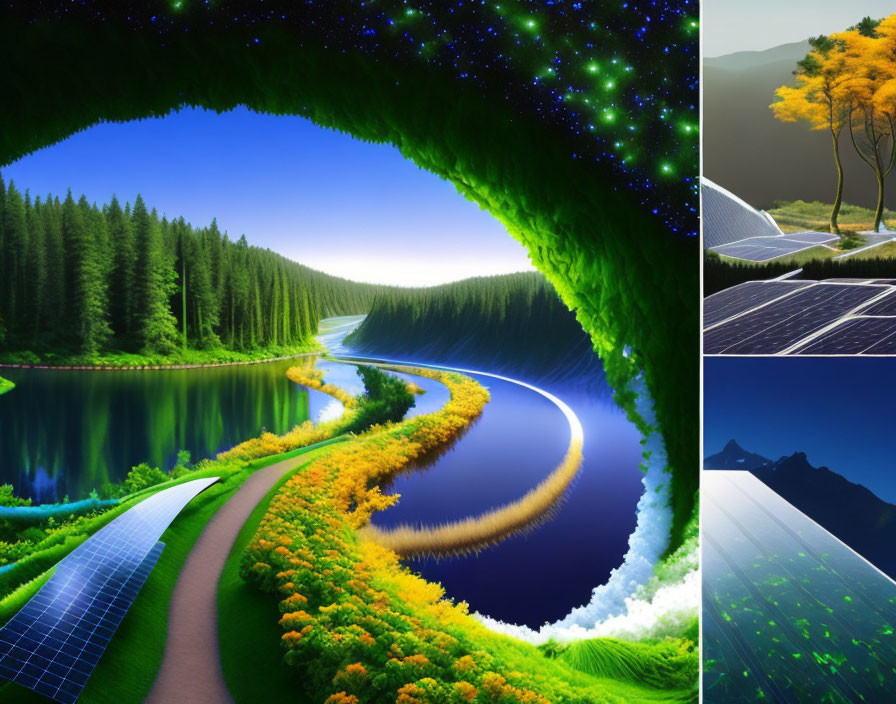 Nature and renewable energy collage: forest path, autumn trees, solar panels, snowy mountain.