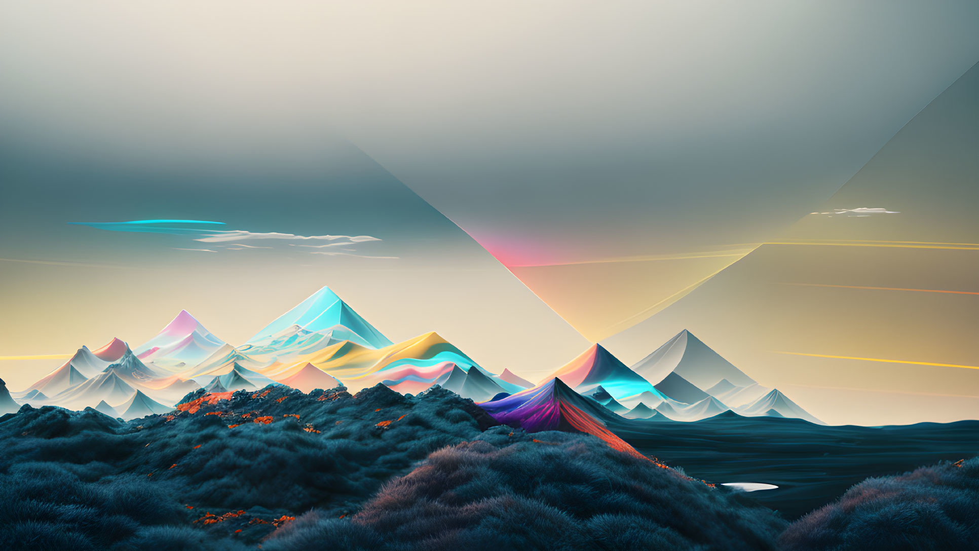 Colorful Stylized Mountains in Surreal Landscape with Geometric Sky and Dark Foliage