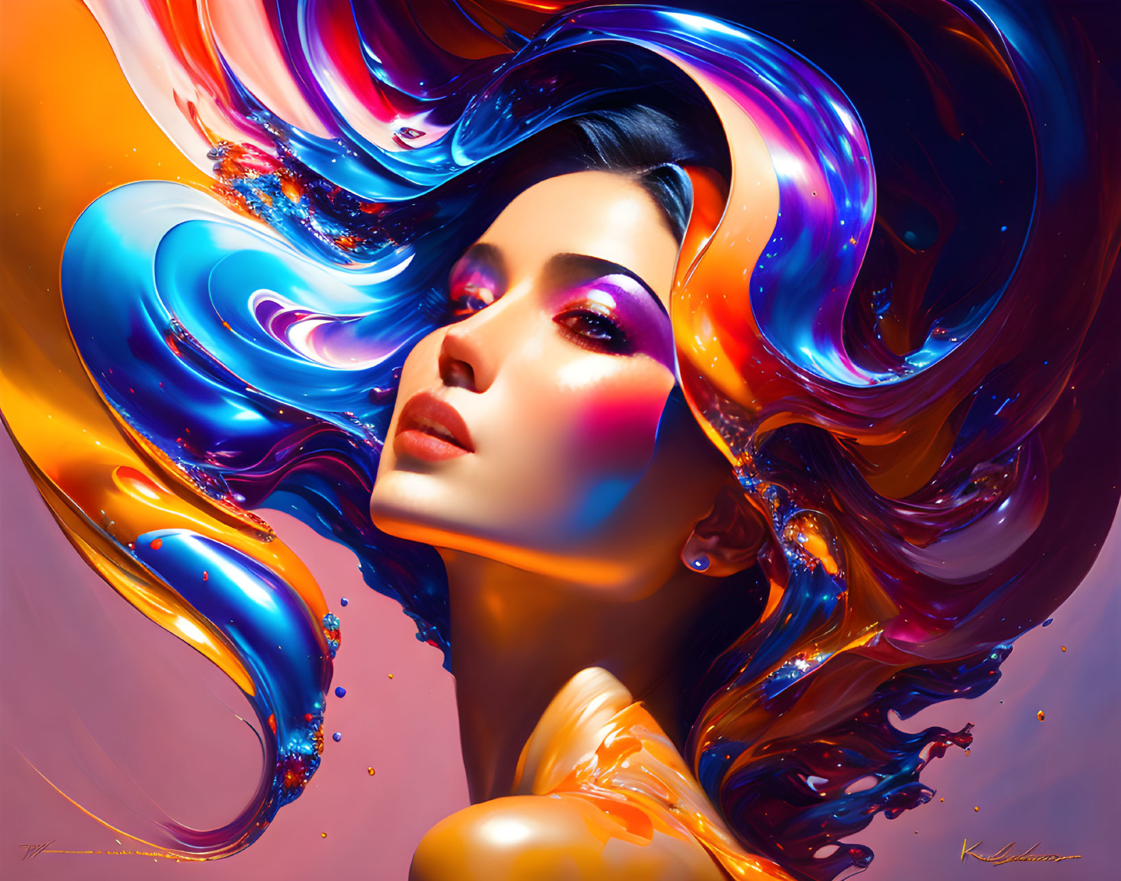 Colorful Digital Artwork: Woman with Flowing Hair and Liquid Swirls