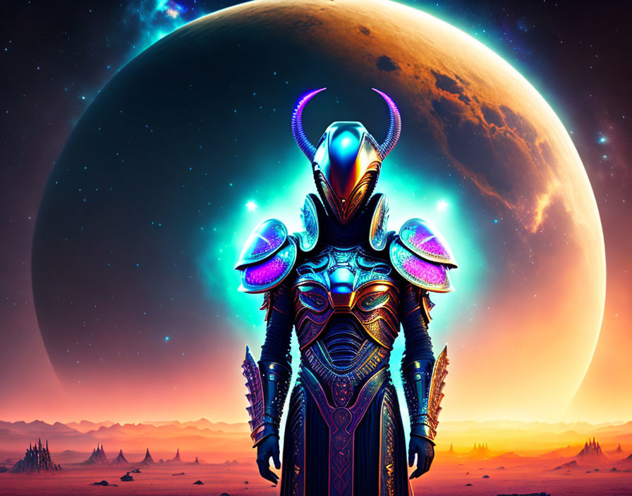 Colorful Sci-Fi Scene: Ornate Alien Armor Figure Under Large Moon