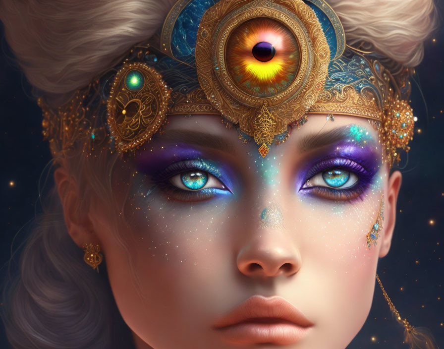 Close-up Digital Artwork: Woman with Fantastical Makeup and Third Eye, Gold Headdress on