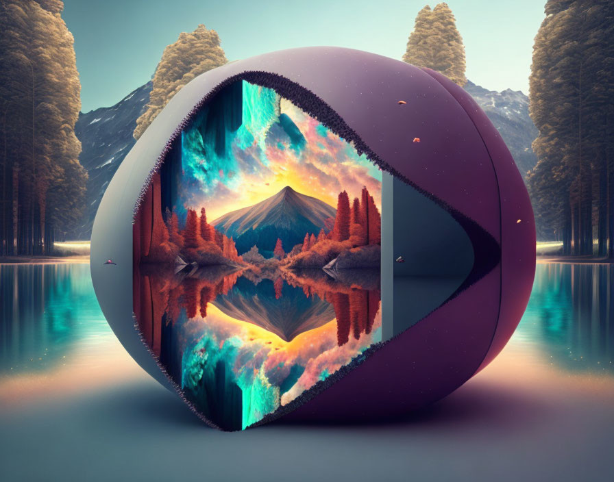Surreal 3D digital art of spherical object with inner landscape, mountain, lake, trees
