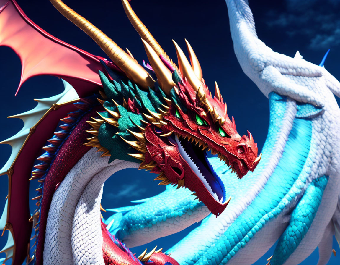 Colorful digital art: Two dragons in red, gold, blue, and white on deep blue sky