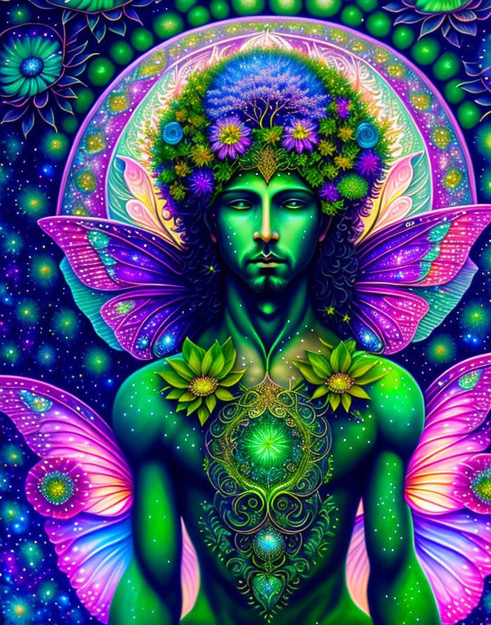 Fantasy digital art: Green-skinned figure with floral crown and butterfly wings on psychedelic backdrop