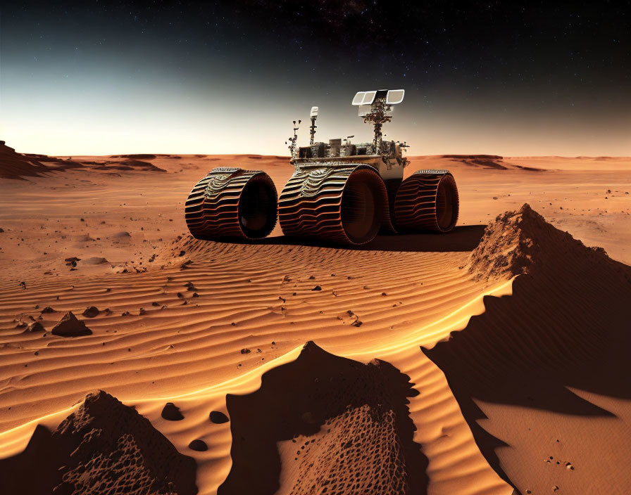 Mars rover exploring sandy terrain under orange sky