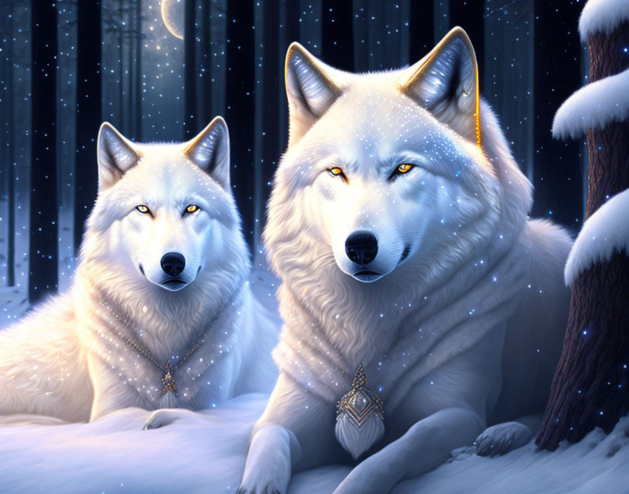 Majestic white wolves in snowy forest under starlit sky