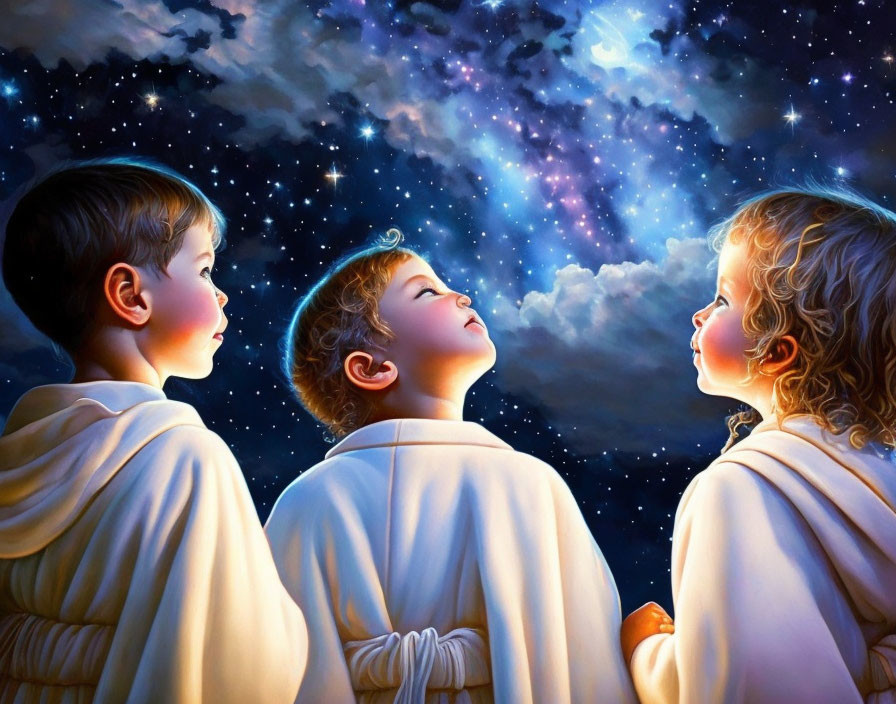 Three angelic children in white robes under starry night sky