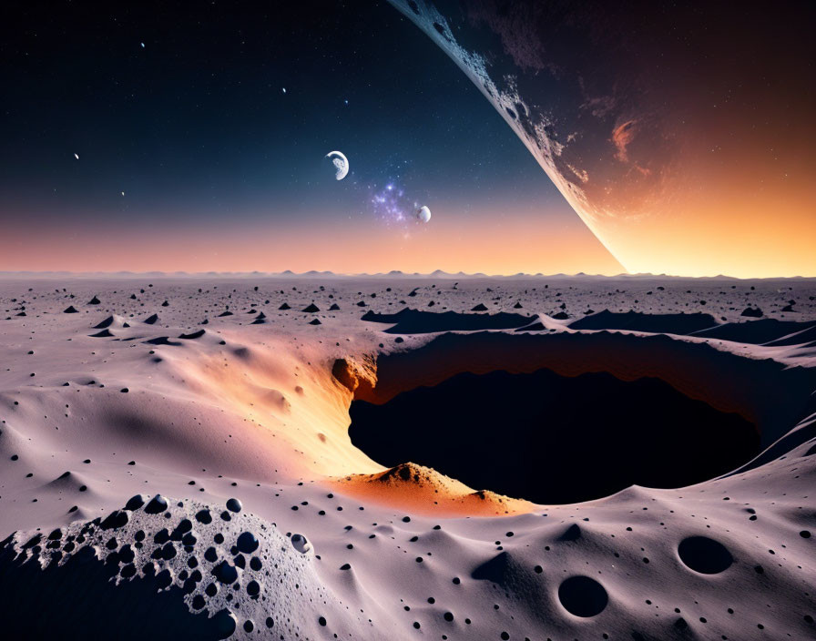 Surreal extraterrestrial landscape with twilight sky, large planet, moons, stars, and desert
