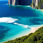Vibrant shoreline with turquoise waters, white waves, sandy beach, and green forest